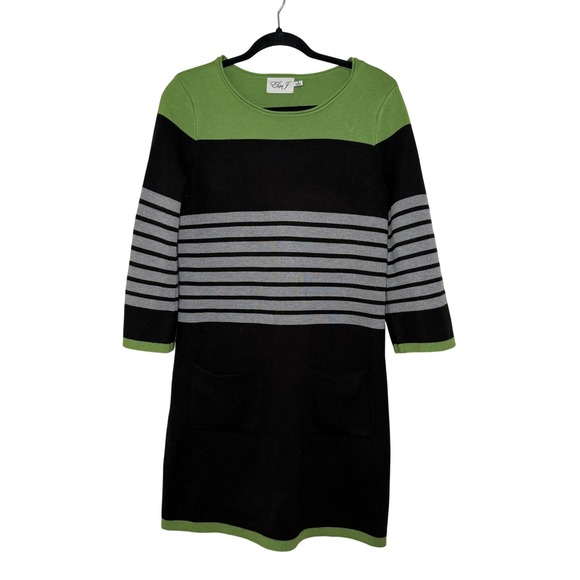Eliza J Dresses & Skirts - Eliza J Sweater Dress M Black Gray Green Stripe‎ 3/4 Sleeve Knit Pockets